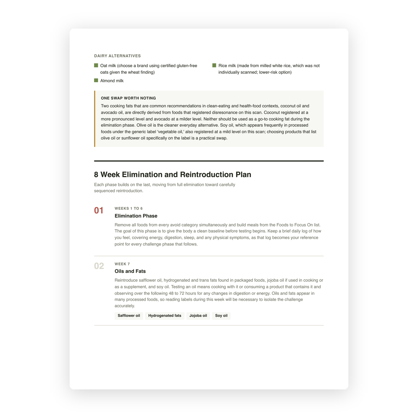 8 week elimination and reintroduction plan page from a Food Resonance Scan report showing phased food reintroduction steps