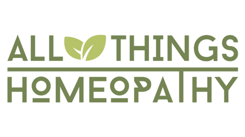 Logo for 'All Things Homeopathy' with green text and leaves on a white background