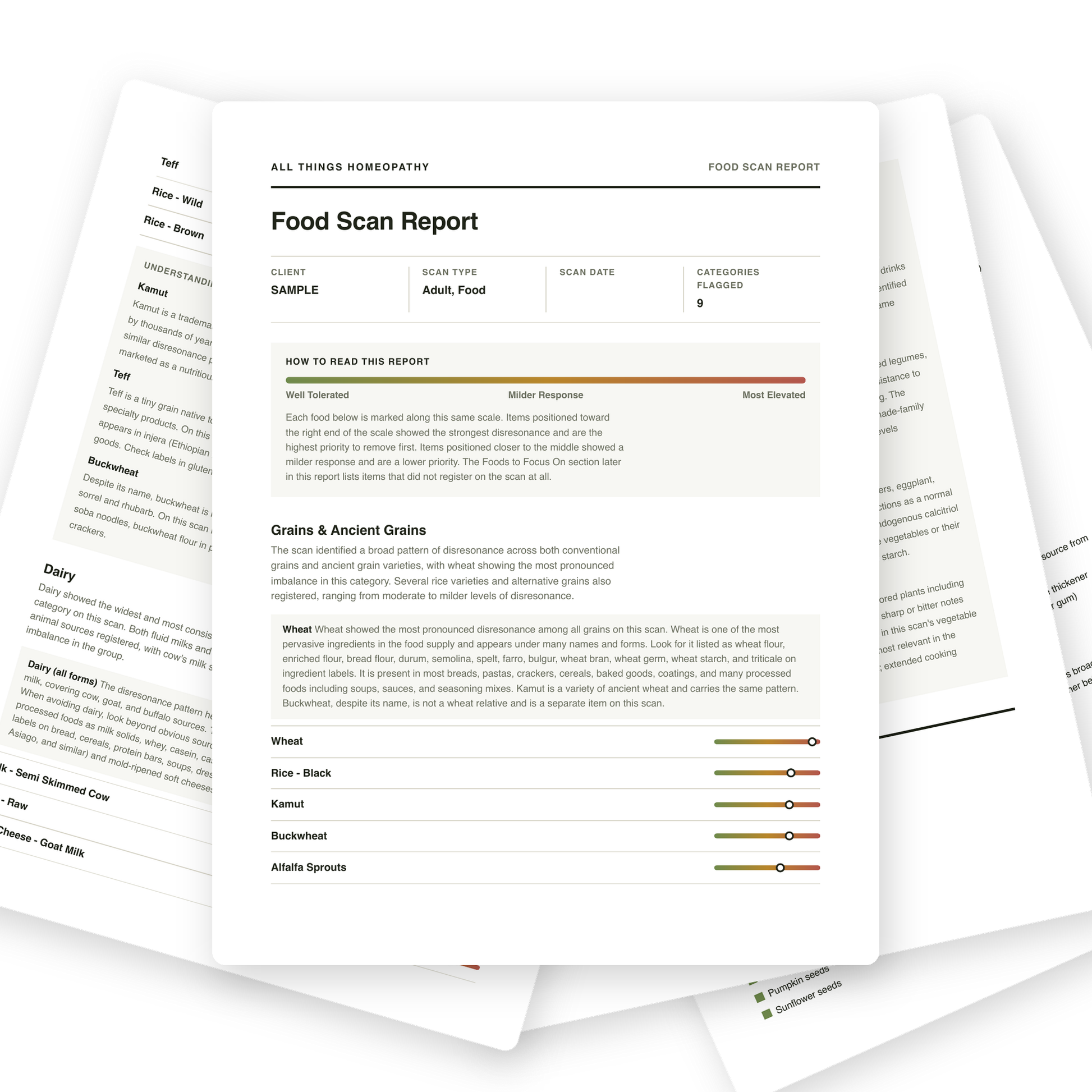 Fanned pages from a sample Food Resonance Scan report showing the report cover, food sensitivity findings, and color-coded gauge scale