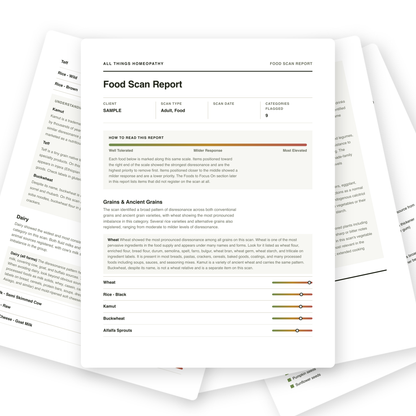 Fanned pages from a sample Food Resonance Scan report showing the report cover, food sensitivity findings, and color-coded gauge scale